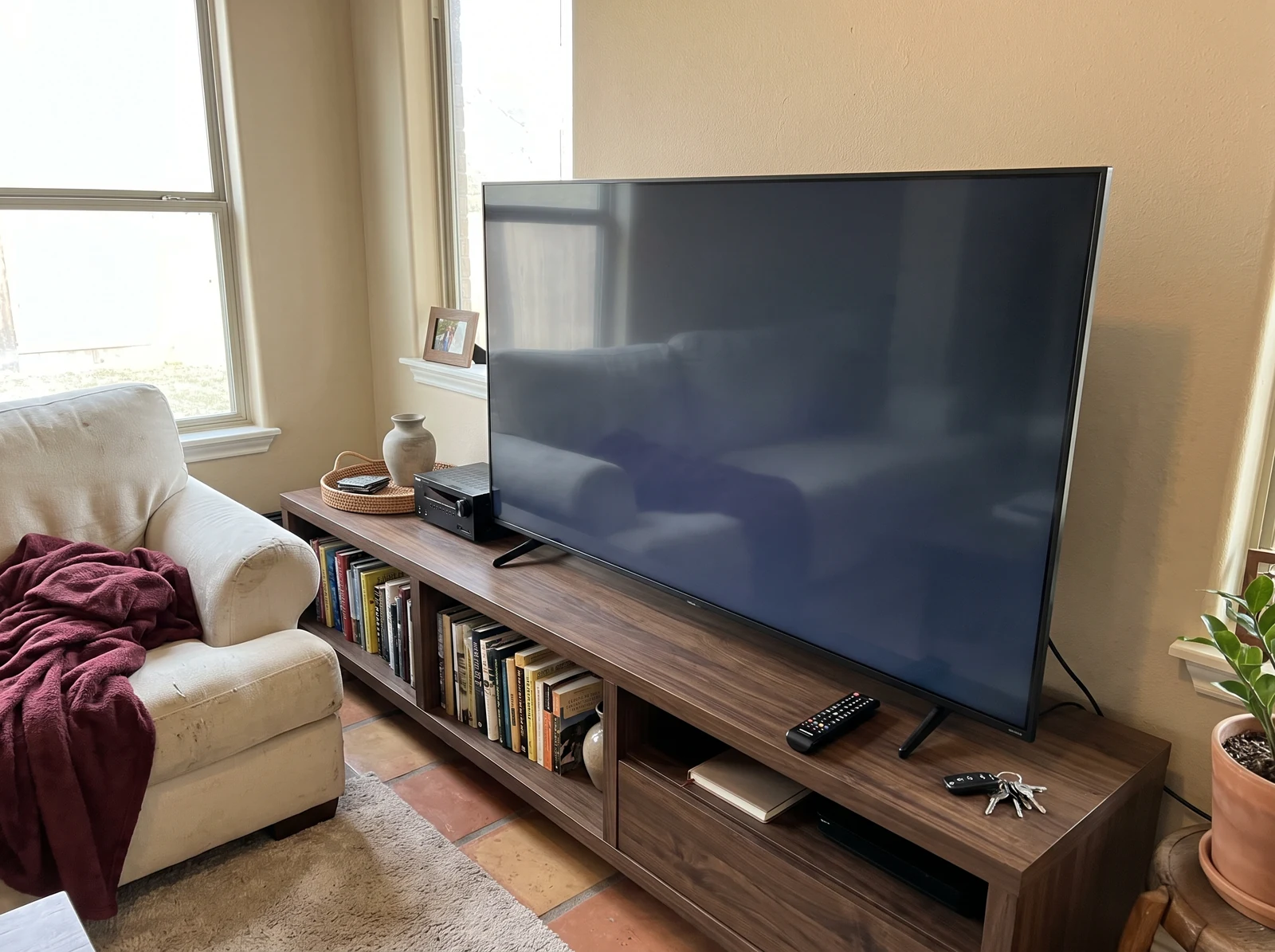 Sala familiar por la tarde con una TV sobre sus propias patas, estantería de nogal, sofá color crema y un diseño personalizado de los 49ers.